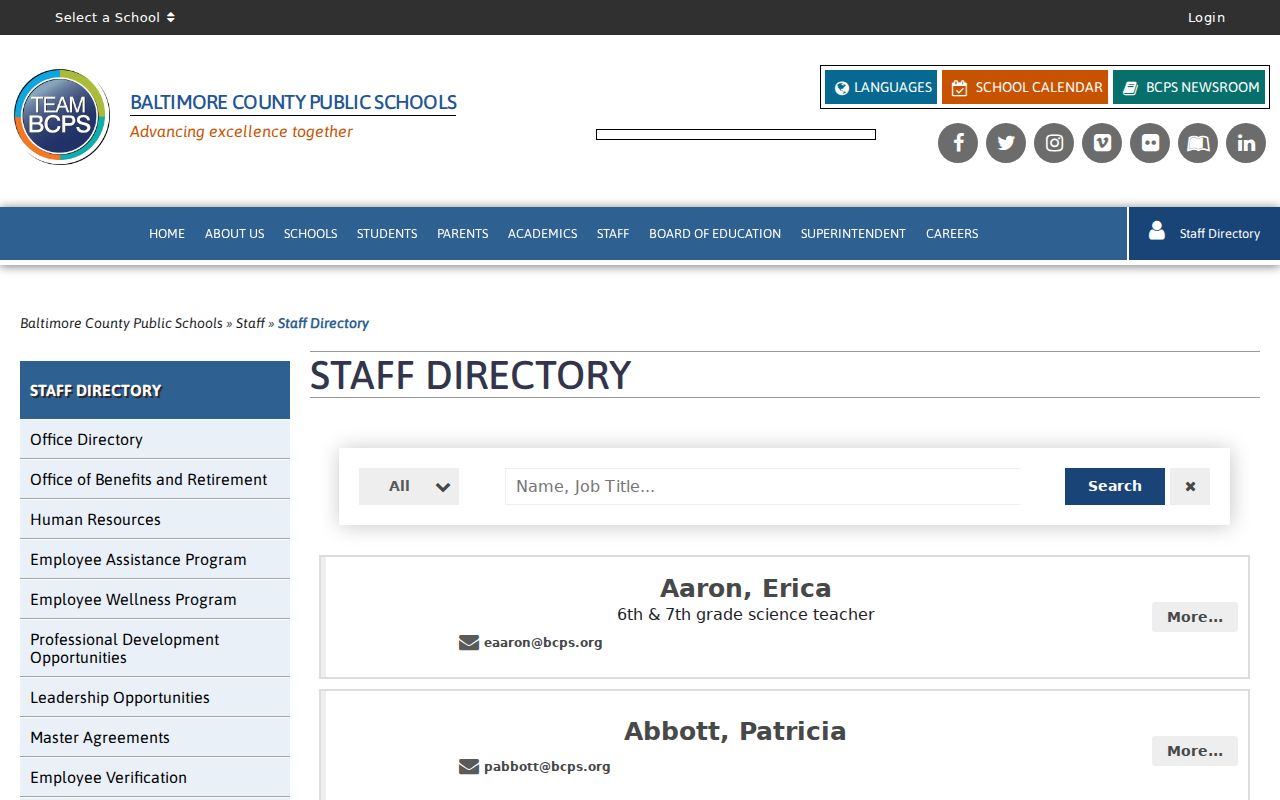 Carney people directories route through the Baltimore County Public Schools staff page