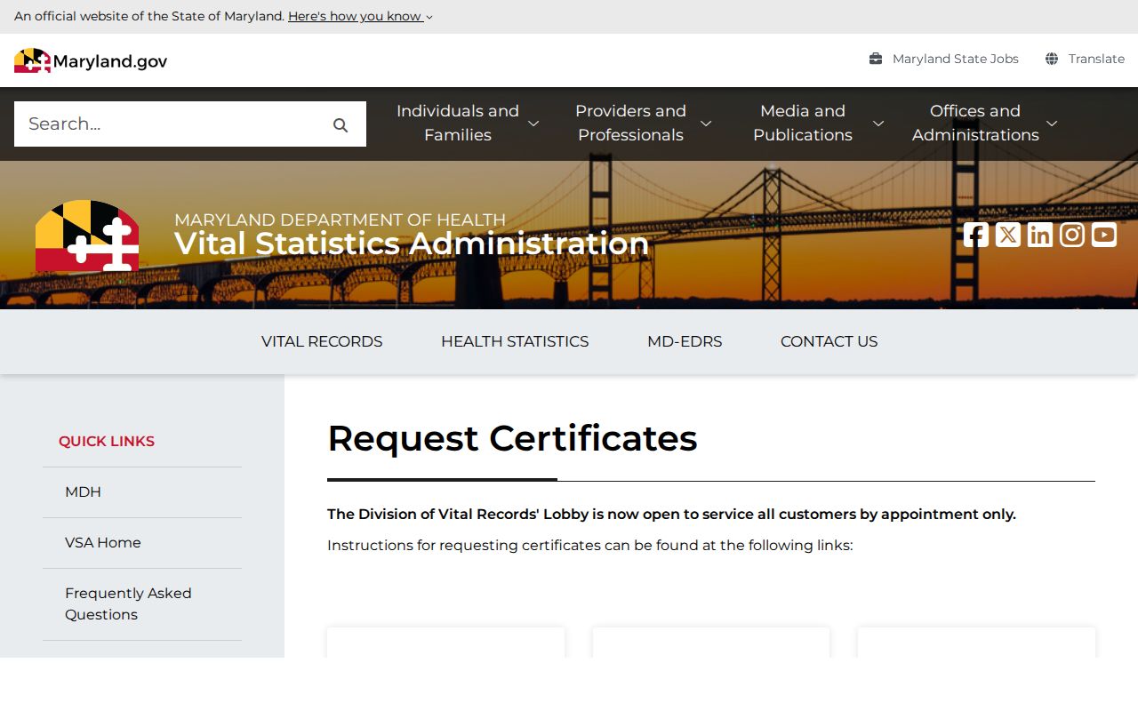 Carney public records certificate application choices from Maryland Vital Statistics