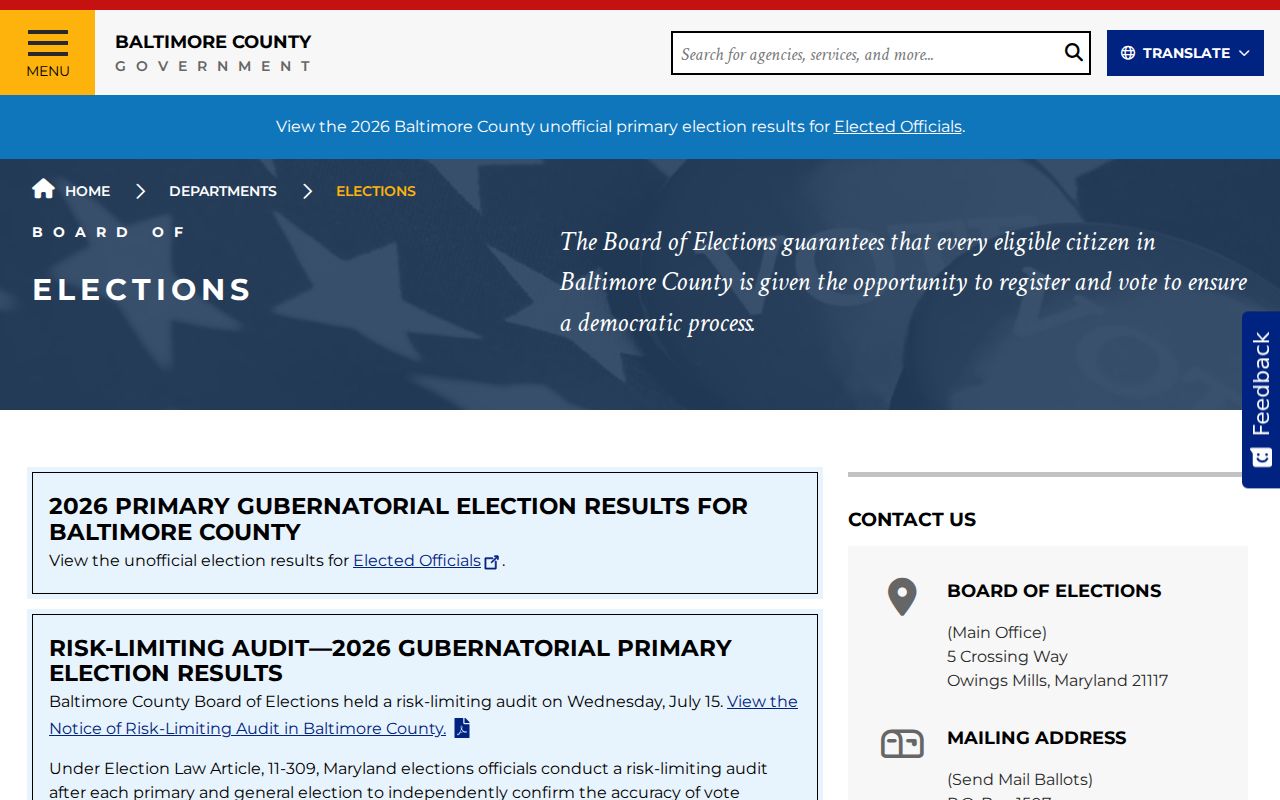 Carney voter registration records contacts at Baltimore County elections